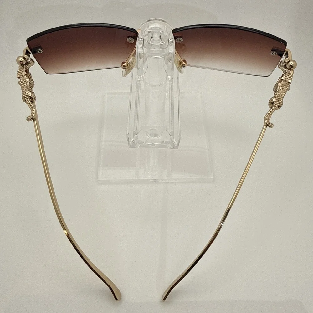 Rimless square sunglasses w/gold frame leopard/jaguar figurine & travel case HOT